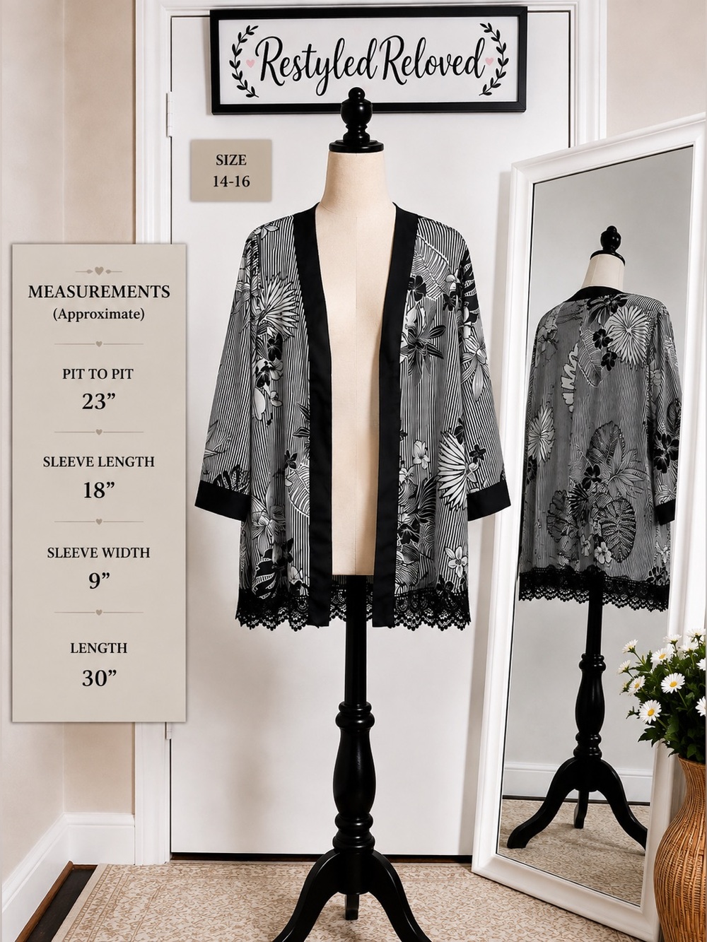 Avenue Black & White Floral Lace-Trim Kimono Cardigan | Size 14–16